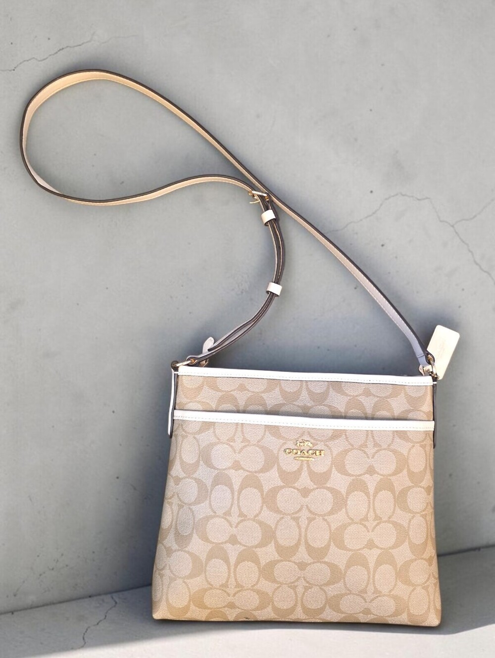 Coach F29210 Signature Monogram File Crossbody Bag Khaki White Leather Logo Bag